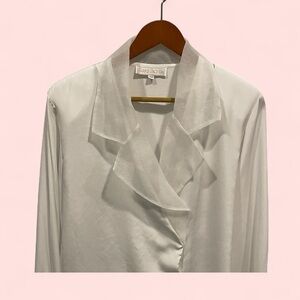 Vintage 80’s semi sheer silky white mesh wide collar flowy blouse wrap button